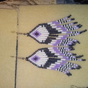 Beaded Fringe Earrings in Black, White, and Purple
